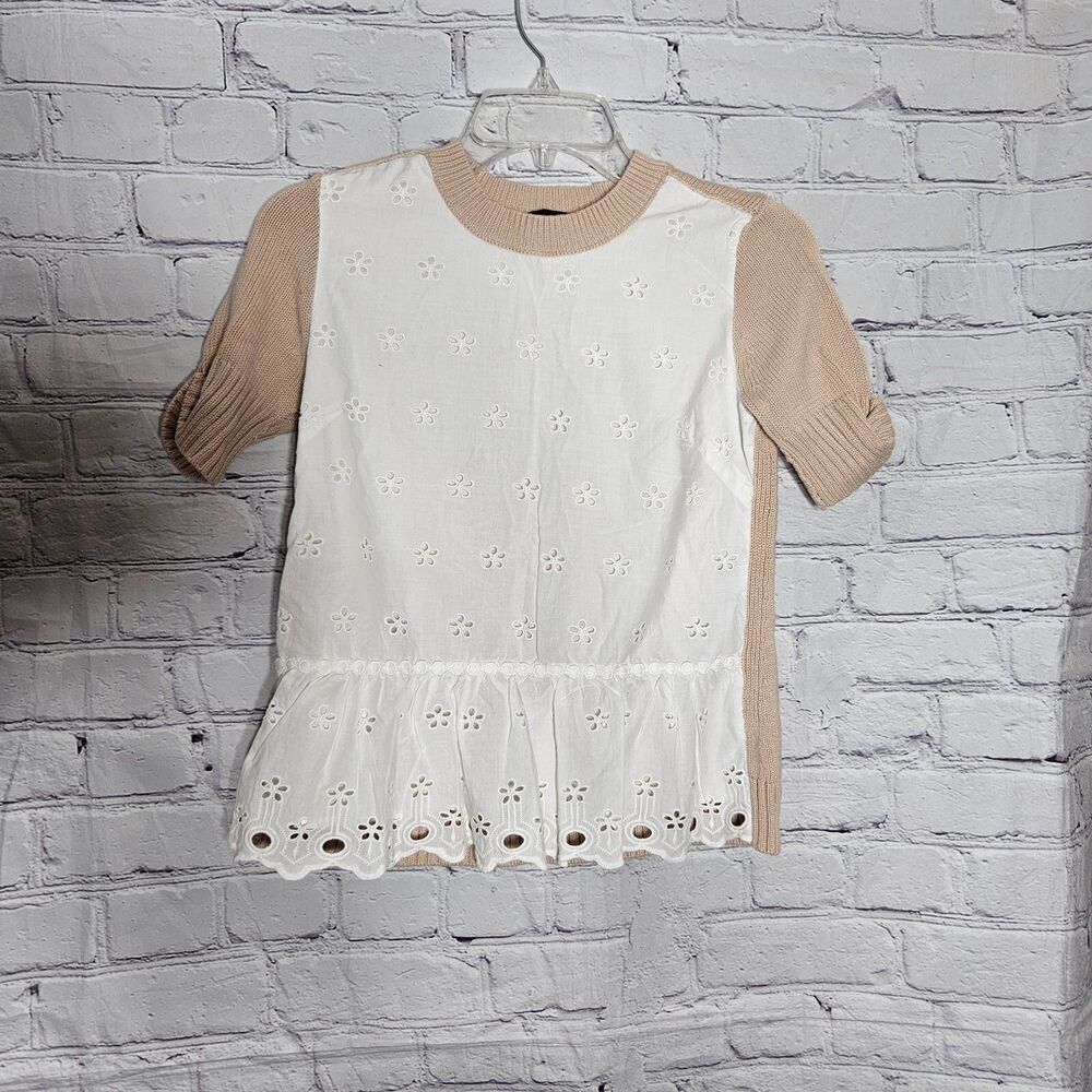 J.Crew Womens Top Size XXS Colorblock Peplum Eyelet Sweater Top Ivory Beige